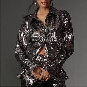 NWT Good American Sequin Party Buttondown Top Jacket Large in Gunmetal Chic Glam